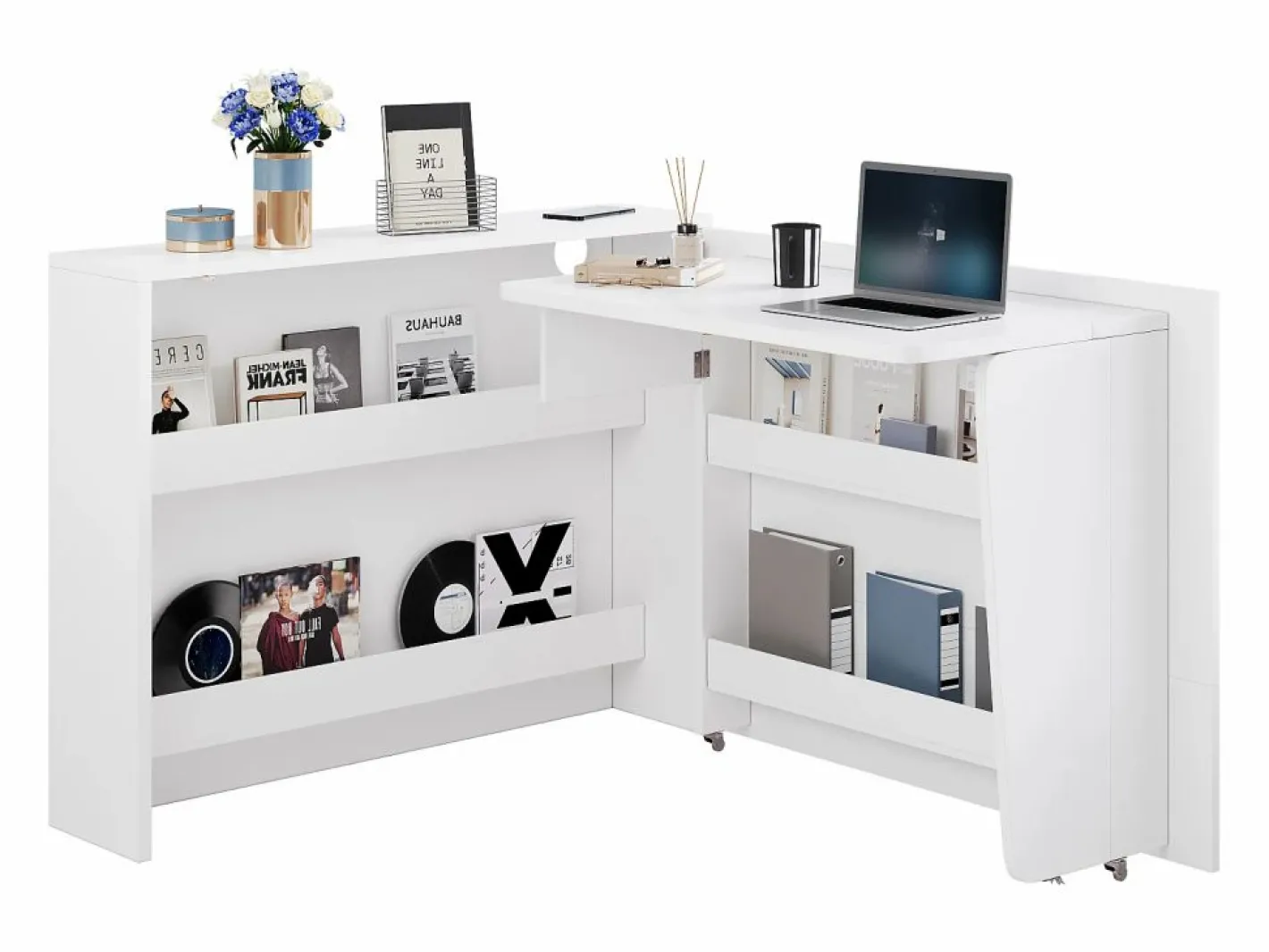 ModernLuxe Escritorio plegable 115×27×93 cm - con función de carga inalámbrica - con estantes y ruedas - Acabado de alto brillo - Blanco