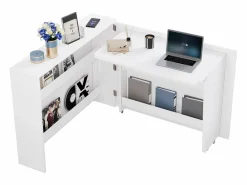 ModernLuxe Escritorio plegable 115×27×93 cm - con función de carga inalámbrica - con estantes y ruedas - Acabado de alto brillo - Blanco