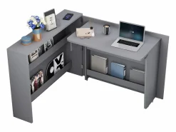 ModernLuxe Escritorio plegable 115×27×93 cm - con función de carga inalámbrica - con estantes y ruedas - Acabado de alto brillo - ​​​ Gris Clearance