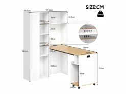 ModernLuxe Escritorio Rinconero|Escritorio plegable con estantes integrados - Librería + escritorio - Toma eléctrica y puerto USB - Estantes ajustables -