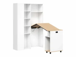 ModernLuxe Escritorio Rinconero|Escritorio plegable con estantes integrados - Librería + escritorio - Toma eléctrica y puerto USB - Estantes ajustables -