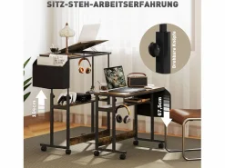 Escritorio regulable en altura con ruedas y espacio de almacenamiento, superficie inclinable, metal y madera, marrón rústico (92x40x67,5-104 cm)^ Online