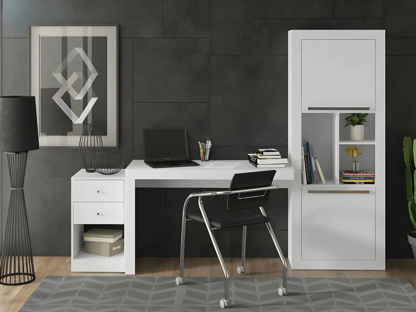 Vente-unique Escritorio rinconera amovible 2 cajones y 2 puertas color . EVAN Blanco Clearance