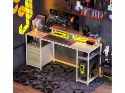 Homcom Escritorio Rivera luz LED con soporte y 2 cajones natural 88,5x55,5x48 cm Blanco New