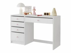 ModernLuxe Escritorio 120x45x74 cm - 5 cajones - tiradores de cerámica rosa - MDF - Blanco Hot