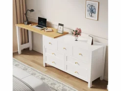 Merax Escritorio Rinconero|Escritorio Tradicional|Escritorio y aparador 2 en 1 - 120 x 40 x 70 cm - Giratorio 360° - con 7 cajones - aglomerado -