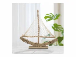 Escultura de velero en madera con red de tela 45x45x7cm Enok - Natural^ New