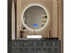 Accesorios De Cuarto De Baño|Espejo De Cuarto De Baño|Espejo de baño - 100*100 cm - con LED - Función antivaho - Visualización de tiempo/temperatura -