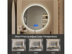 Espejo de baño antivaho sin marco con indicador de temperatura, 3 niveles de brillo, redondo, diámetro 100 cm Transparente Clearance