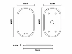 DripeX Accesorios De Cuarto De Baño|Espejo De Cuarto De Baño|Espejo de baño con iluminación LED 70x50 cm, antideflagrante de vidrio anti-fog, espejo de interruptor de pared ovalado, 3 colores, 6500k