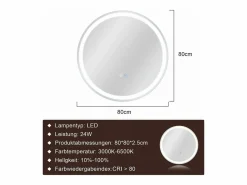 NETTLIFE Accesorios De Cuarto De Baño|Espejo De Cuarto De Baño|Espejo de baño iluminado - Redondo 80 cm LED, IP44, interruptor táctil, antivaho, ajustable 3000K-6500K
