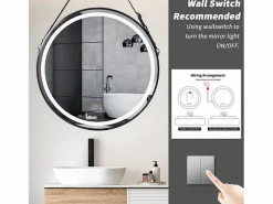 Fativo Espejo de baño LED redondo 60com espejo iluminado de pared con 3 colores ajustables antivaho 60x60cm Negro Best