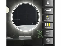 Fativo Espejo de baño redondo LED antivaho de pared con 3 colores ajustables, 80 x 80 cm Plateado