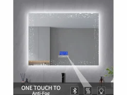 Espejo de baño, 100x80cm, espejo LED con altavoz Bluetooth, iluminación ajustable, función antivaho, indicador de temperatura^ Hot