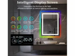 Fativo Espejo de baño 90x70cm RGB y LED regulable + antivaho + Bluetooth 5.2 + Reloj + 3 colores 4 botones Plateado New