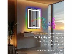 Fativo Espejo de baño 90x70cm RGB y LED regulable + antivaho + Bluetooth 5.2 + Reloj + 3 colores 4 botones Plateado New