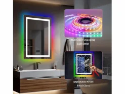 Fativo Espejo de baño 90x70cm RGB y LED regulable + antivaho + Bluetooth 5.2 + Reloj + 3 colores 4 botones Plateado New
