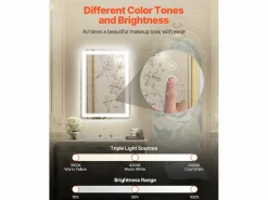 Accesorios De Cuarto De Baño|Espejo De Cuarto De Baño|Espejo de Pared SucceBuy, 50 x 70 cm, Espejo de Baño LED, Montaje en Pared, Antiniebla, 3 Colores de Temperatura Ajustables