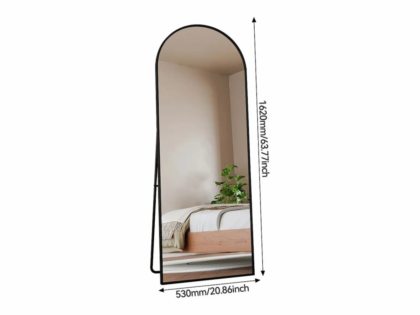 Espejo|Espejo de pie, marco de aluminio con soporte, alto 162 cm, ancho 53 cm,