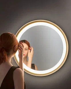 Espejo LED Mirò Ø60 cm 58W Oro Cepillado - Lámpara de techo y aplique - Luz cálida 3000K - Diseño moderno para baño, dormitorio y entrada^