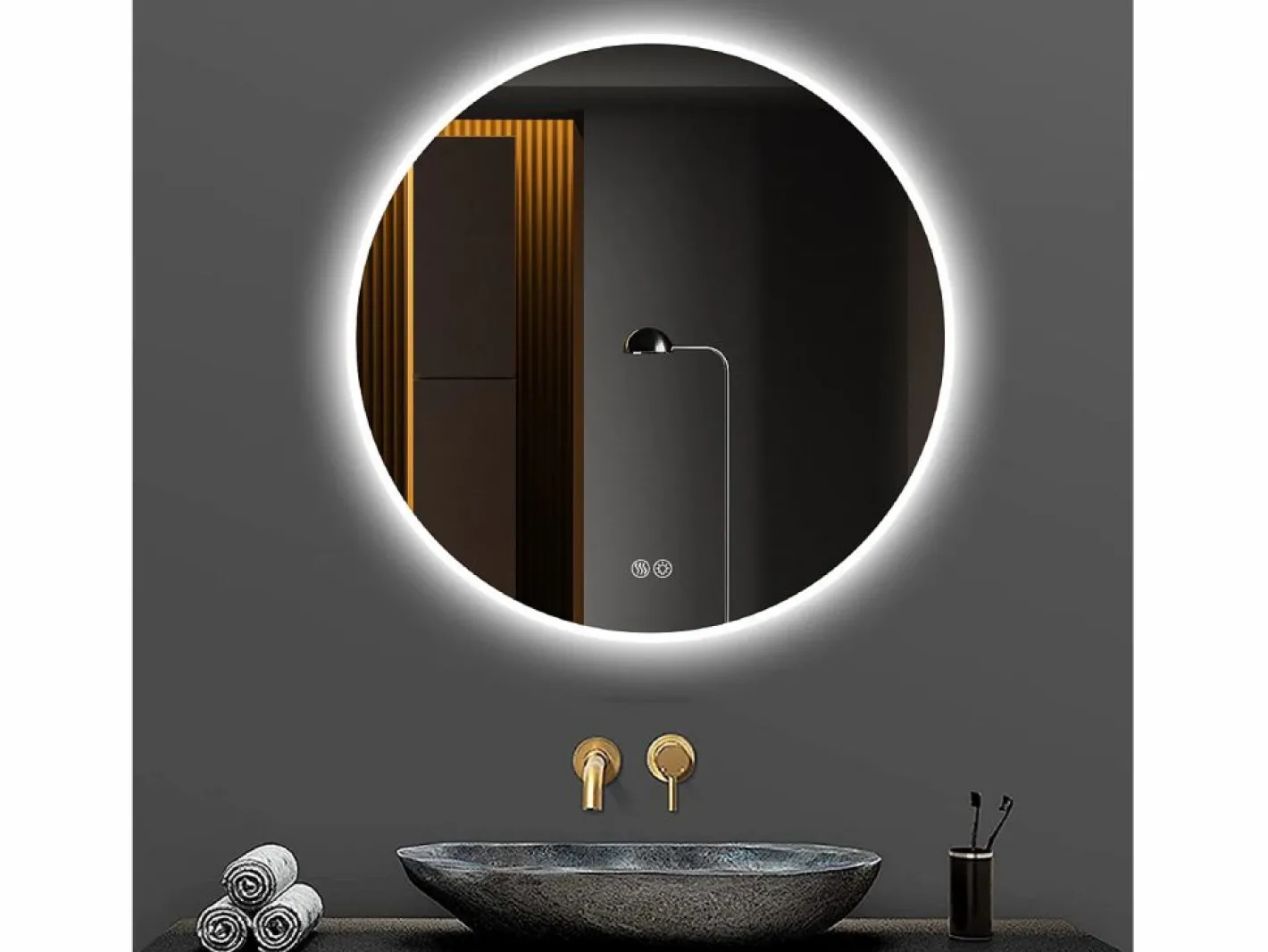 Espejo LED redondo de 70 cm con función antivaho y 3 configuraciones de temperatura - Vidrio y metal^Hauss Spole Best