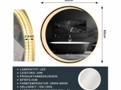 NETTLIFE Accesorios De Cuarto De Baño|Espejo De Cuarto De Baño|Espejo con Iluminación Espejo de Baño Redondo LED Espejo de Baño IP44 60cm Espejo de Baño Redondo con Táctil