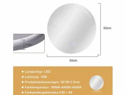 NETTLIFE Accesorios De Cuarto De Baño|Espejo De Cuarto De Baño|Espejo para baño, espejo de baño con iluminación, redondo, 50 cm, espejo de baño LED de pared con toque