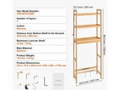 Estante Wc Meuble SucceBuy Estante de Almacenamiento a 3 Niveaux para Baños, Organizador ajustable en Bambú con 3 Ganchos, Autónomo^ Clearance