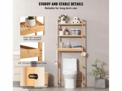 Estante Wc Meuble SucceBuy Estante de Almacenamiento a 3 Niveaux para Baños, Organizador ajustable en Bambú con 3 Ganchos, Autónomo^ Clearance