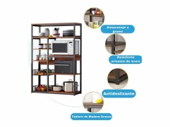 Mueble Camarera|Estantería de Cocina, Estantería para Microondas, Estante Abierto de Pie 2 Mallas metálicas y múltiples Estantes 80x30x142cm, Color y Madera