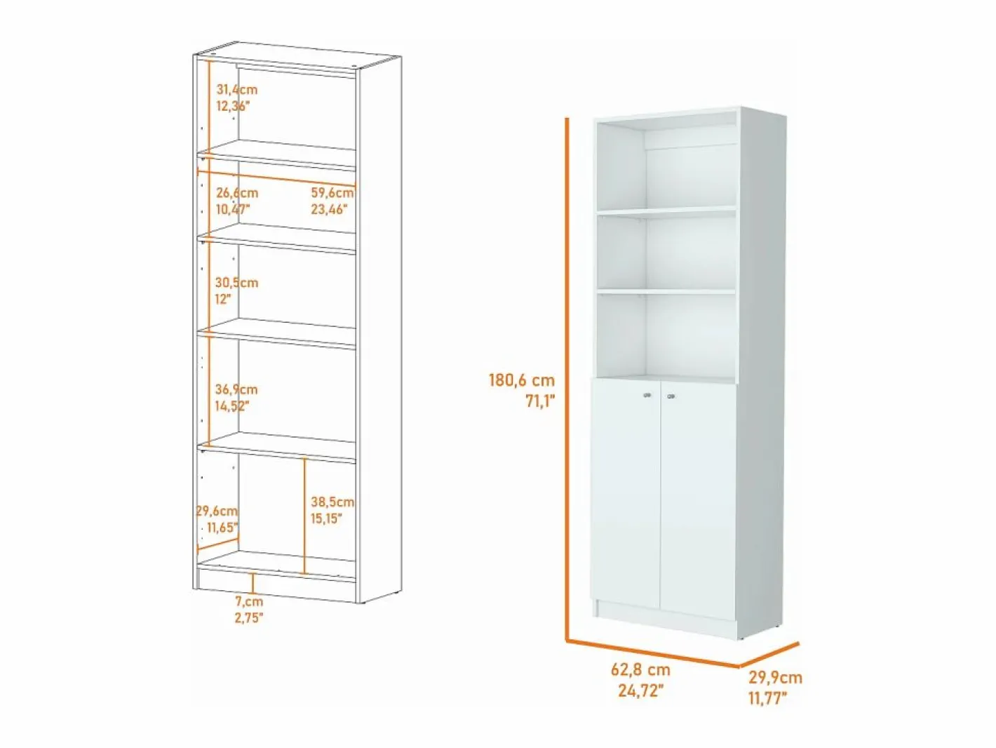 TuHome Estanteria Recta Home en Melamina con 2 puertas y 3 estantes , 180.59 cm X 62.78 cm X 29.89 cm , Blanco Sale