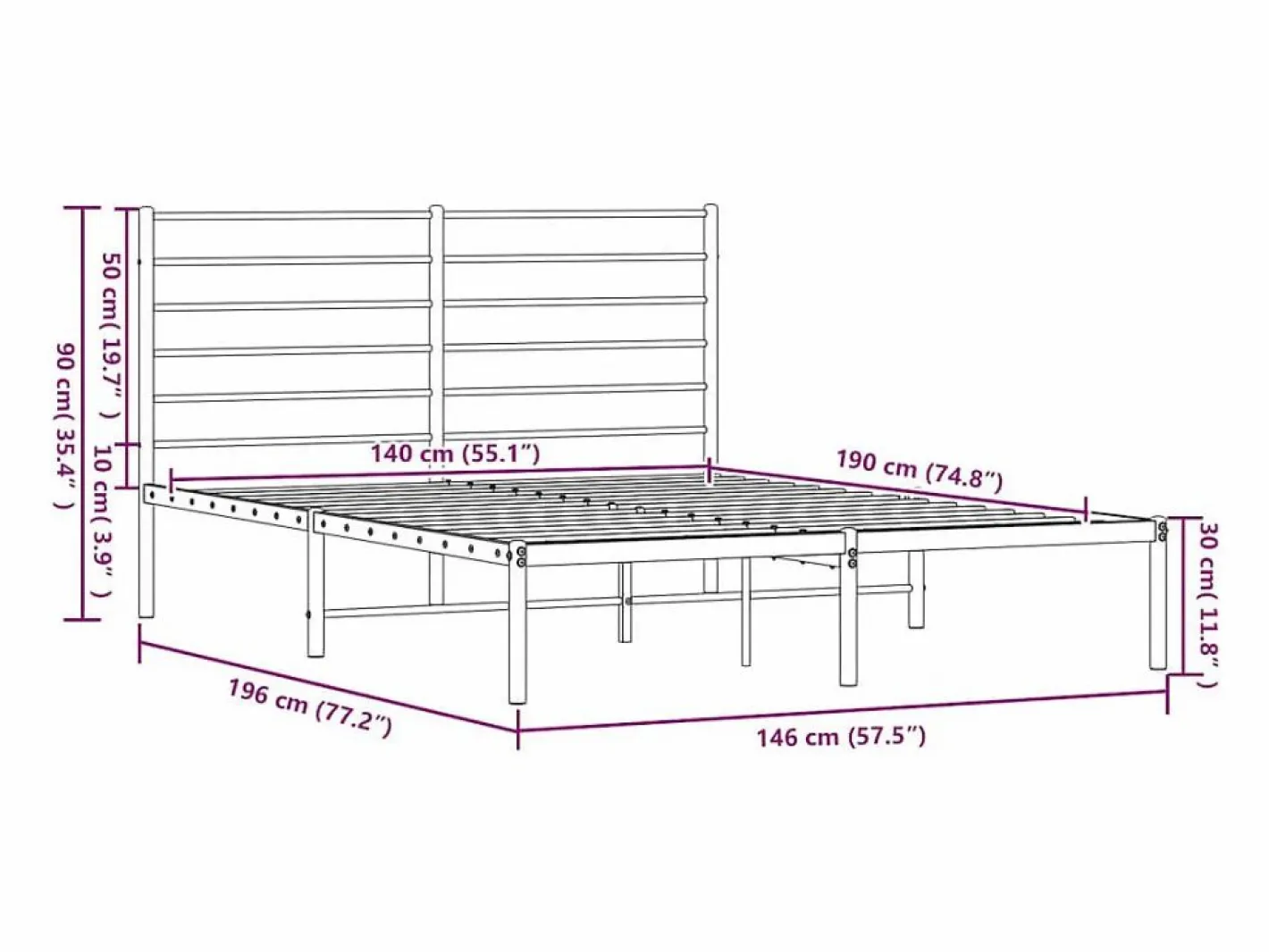 vidaxl Somier - 140X190Cm|Estructura cama sin colchón con cabecero metal 140x190 cm