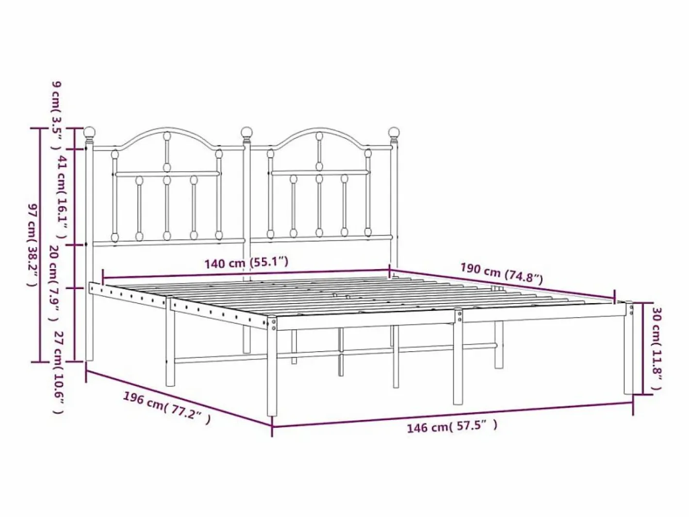 vidaxl Estructura cama sin colchón con cabecero metal 140x190 cm Negro