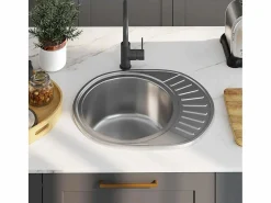 Fregadero de cocina con colador y sifón ovalado de acero inoxidable Plateado Discount