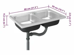 Fregadero de cocina de doble seno de acero inoxidable de 800x500x155 mm.^ New