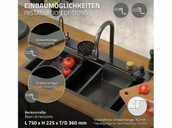 ML-DESIGN Fregadero|Fregadero de cocina 80x46 cm lavabo rectangular antracita acero con accesorios
