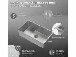 ML-DESIGN Fregadero XXL de cocina un seno 70x40cm lavabo con desagüe y rebosadero Plateado Clearance