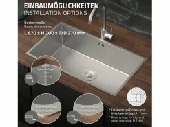 ML-DESIGN Fregadero XXL de cocina un seno 70x40cm lavabo con desagüe y rebosadero Plateado Clearance