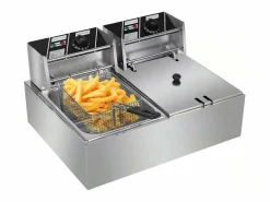 Freidora eléctrica 5000W, tanque doble 12L, 60 ºC a 200 ºC, freidora comercial en acero inoxidable, 55x43x28.5 cm^DripeX