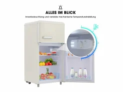 Electrodomésticos De Frío|Frigorífico retro, frigorífico de doble puerta superior e inferior, volumen total de 72 litros, con volumen de congelador de 21 litros, 120 kWh/año, luz LED