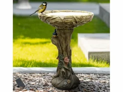 Fuente para pájaros de hormigón, diseño de madera, con pájaro decorativo (45,5x45,5x65 cm) Marru00f3n Best