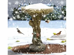 Fuente para pájaros de hormigón, diseño de madera, con pájaro decorativo (45,5x45,5x65 cm) Marru00f3n Best
