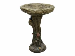 Fuente para pájaros de hormigón, diseño de madera, con pájaro decorativo (45,5x45,5x65 cm) Marru00f3n Best