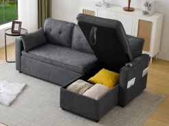 Fusio Primavera-Verano - Sofá Cama Angular 3 Plazas, Modular, Tela de Lino con Reposabrazos Portavasos - Ideal para Salón y Estancia^ Clearance