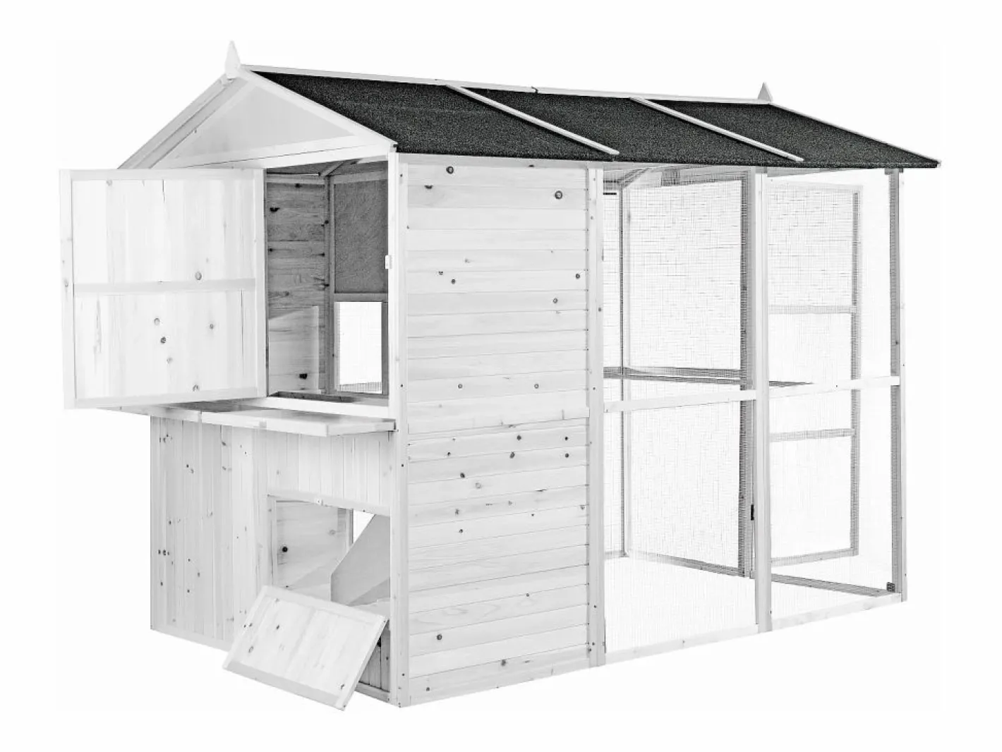 Vente-unique Gallinero de madera con corral - 10 gallinas - L. 266 x An. 174 x Al. 205 cm - - FERAS Blanco New