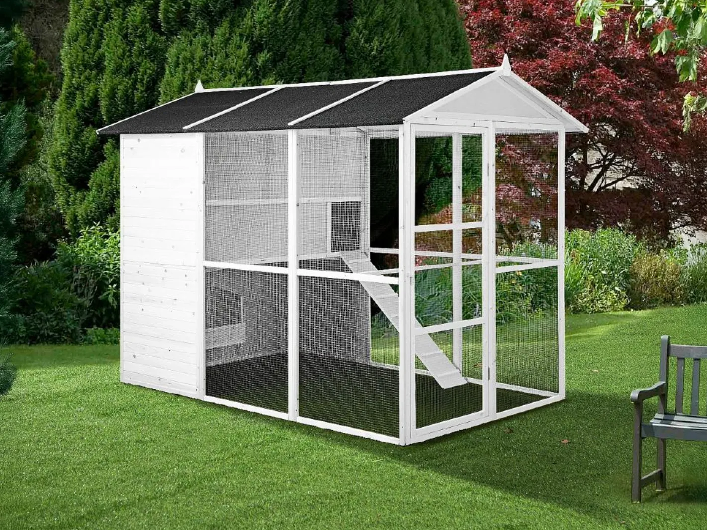 Vente-unique Gallinero de madera con corral - 10 gallinas - L. 266 x An. 174 x Al. 205 cm - - FERAS Blanco New