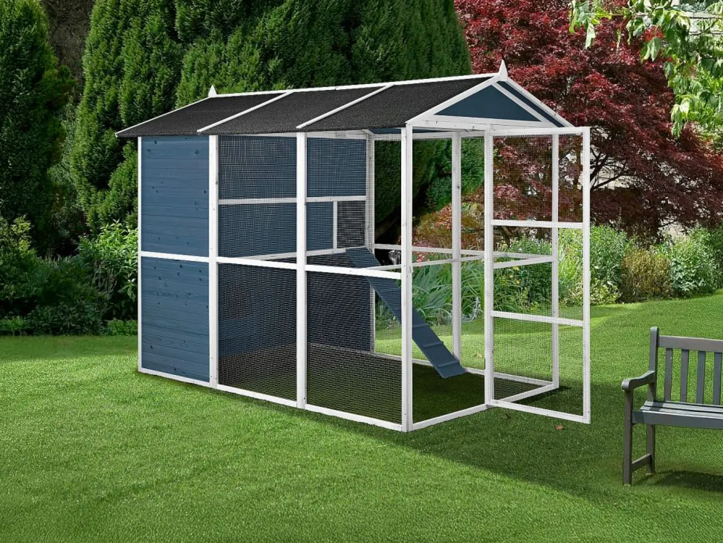 Gallinero de madera con valla - 10 gallinas - L. 266 x Prof. 174 x Alt. 205 cm - y blanco - FERAS^Vente-unique
