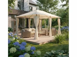 Sweeek Gazebo de jardín 3x4m con cortinas crudo Blanco New