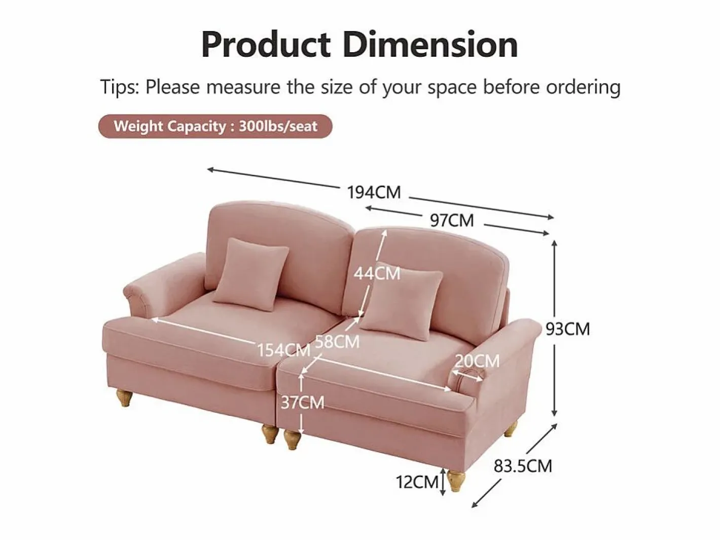 DripeX Sofás Club|Gran Sofá 2 Plazas Chenille - Con Funda Extraíble y 2 Cojines - 194x83.5x93cm -