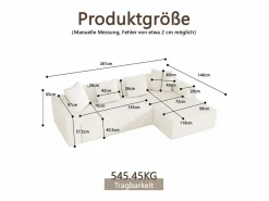DripeX Gran sofá angular recto modular, de pana, con 4 cojines, sin montaje requerido, 261x146x65cm, Blanco Clearance
